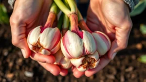 Close-up of hands holding premium-quality tulip bulbs showing firm texture and papery layers, with soil and garden background