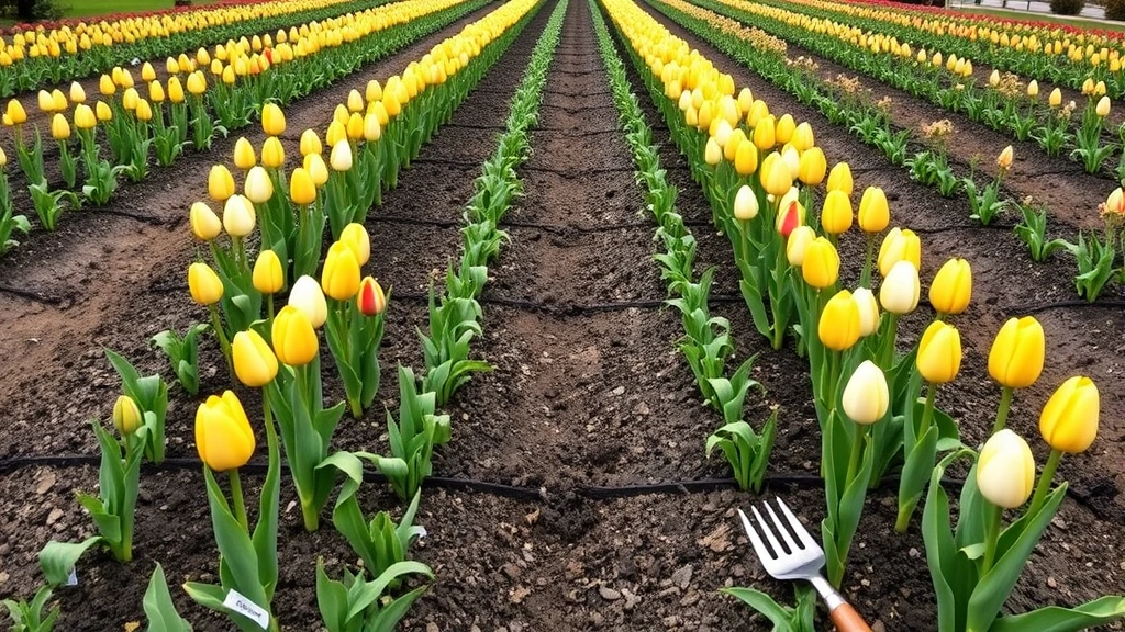 Wide garden view of freshly planted tulip bulbs in organized rows with marked spacing, garden fork and amended soil visible