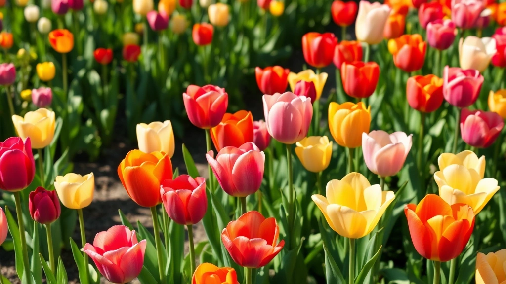 Vibrant spring tulip garden in full bloom showing multiple colors and varieties together, with green foliage and morning sunlight