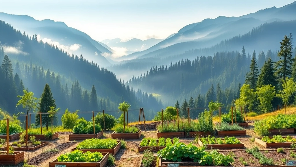 Mountain garden valley landscape with vegetable beds and evergreen forest backdrop, showing early morning mist and raised garden beds with spring vegetables growing, photorealistic outdoor scene