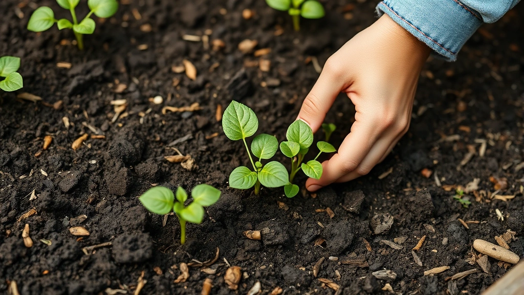 Close-up of hands planting seedlings in rich dark soil with mulch, showing proper planting depth and spacing in a raised garden bed, natural daylight gardening work