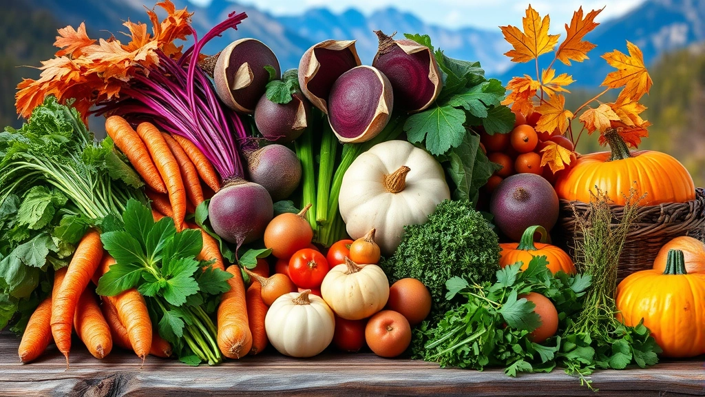 Colorful fall harvest display with root vegetables like carrots and beets, leafy greens, and herbs arranged on rustic wooden surface with mountain scenery visible in background