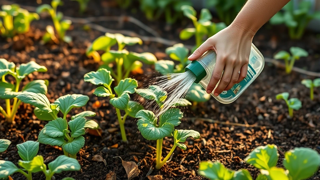 Gardener's hands watering a healthy vegetable garden bed with morning dew on leafy plants and established mulch around stems