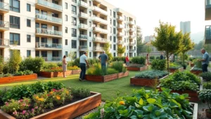 Lush communal garden area in modern apartment complex with raised beds, flowering plants, and residents tending vegetables under morning sunlight in urban setting