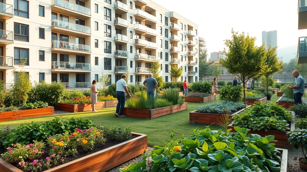 Lush communal garden area in modern apartment complex with raised beds, flowering plants, and residents tending vegetables under morning sunlight in urban setting