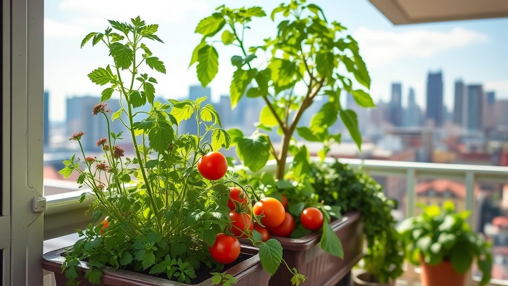 Apartment balcony with thriving container garden featuring herbs, tomatoes, and leafy greens in full sunlight with city skyline visible behind