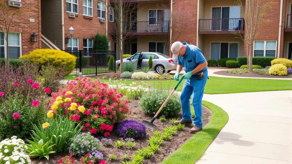 Professional landscape maintenance crew working on garden beds with flowering perennials and shrubs in apartment complex courtyard during spring season