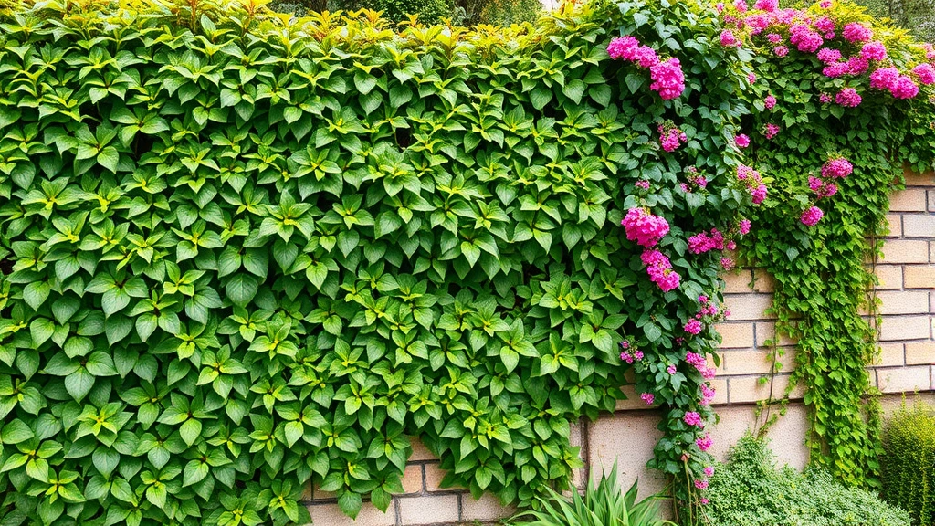 Mature garden wall covered in cascading sedums and trailing ivy, with vibrant flowering vines climbing nearby, demonstrating lush planted wall integration and mature growth