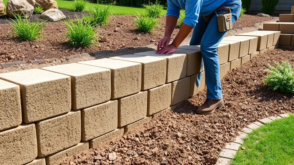Professional landscaper installing segmental concrete retaining wall blocks on sloped garden terrain with proper gravel base and compacted soil layers visible, natural daylight
