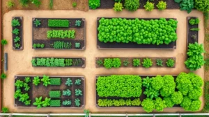 Overhead view of a well-organized vegetable garden with distinct planting beds, pathways, and varied crops growing in healthy green stages, showing strategic layout and planning