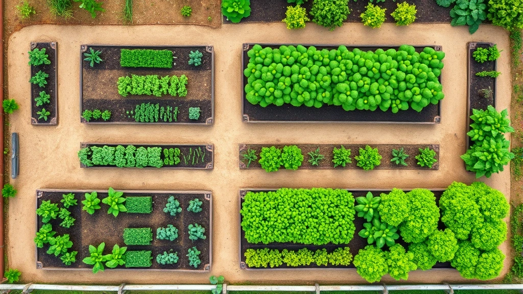 Overhead view of a well-organized vegetable garden with distinct planting beds, pathways, and varied crops growing in healthy green stages, showing strategic layout and planning