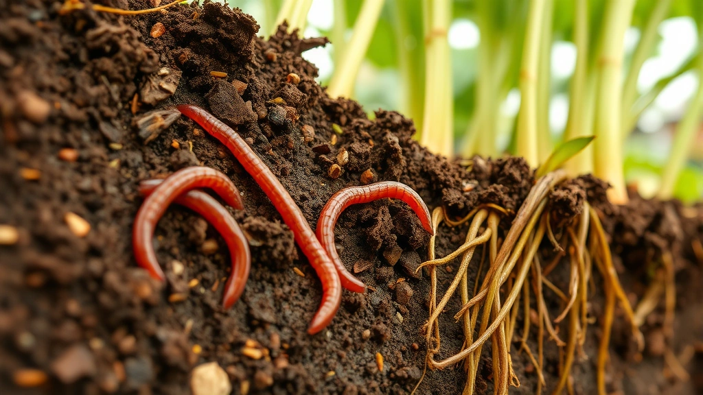 Close-up of soil rich with organic matter, earthworms visible, and vibrant root systems of plants, demonstrating healthy soil ecosystem and biological activity