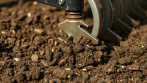 Close-up of rotating metal tines breaking apart dark brown compacted garden soil, showing soil particles being churned upward and aerated, natural daylight