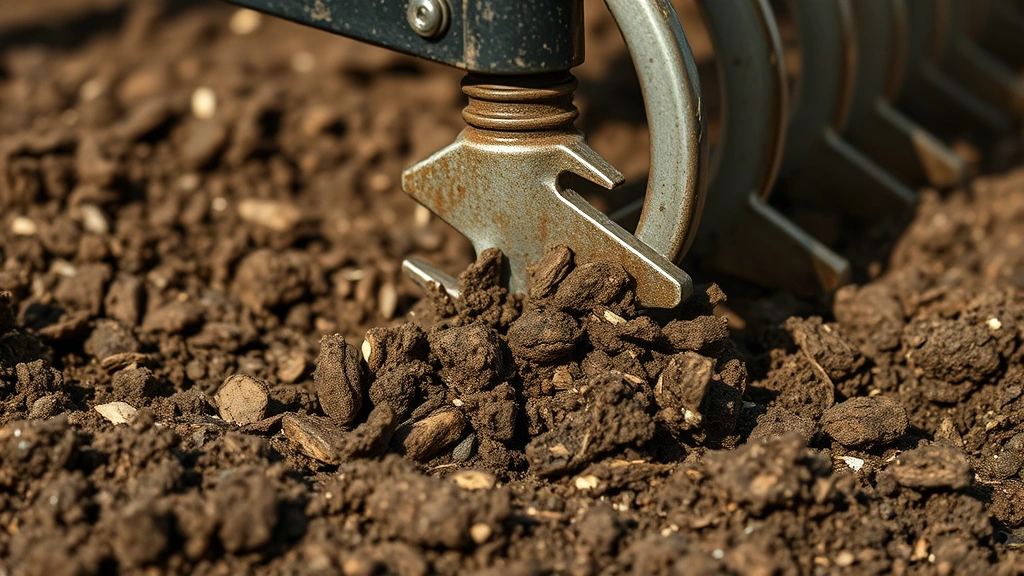 Close-up of rotating metal tines breaking apart dark brown compacted garden soil, showing soil particles being churned upward and aerated, natural daylight