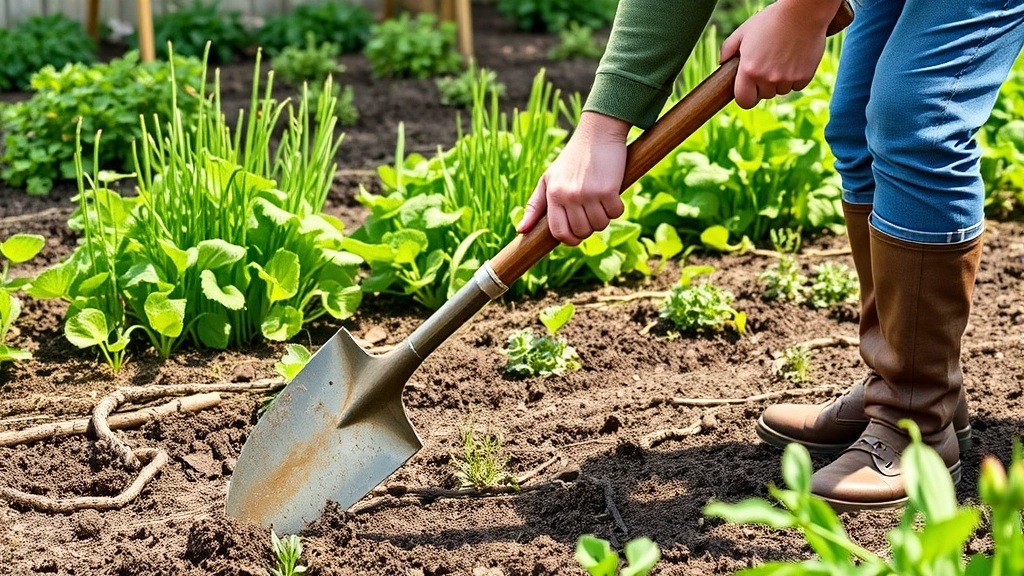 Gardener using Garden Weasel tool across vegetable bed with green plants in background, demonstrating proper stance and technique with handle adjustment, spring morning light