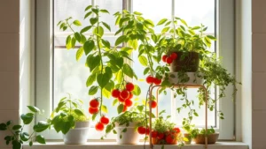 Sunlit kitchen garden window with cascading basil plants, cherry tomatoes, and fresh herbs in various ceramic containers on tiered shelves, bright natural light streaming through glass panels