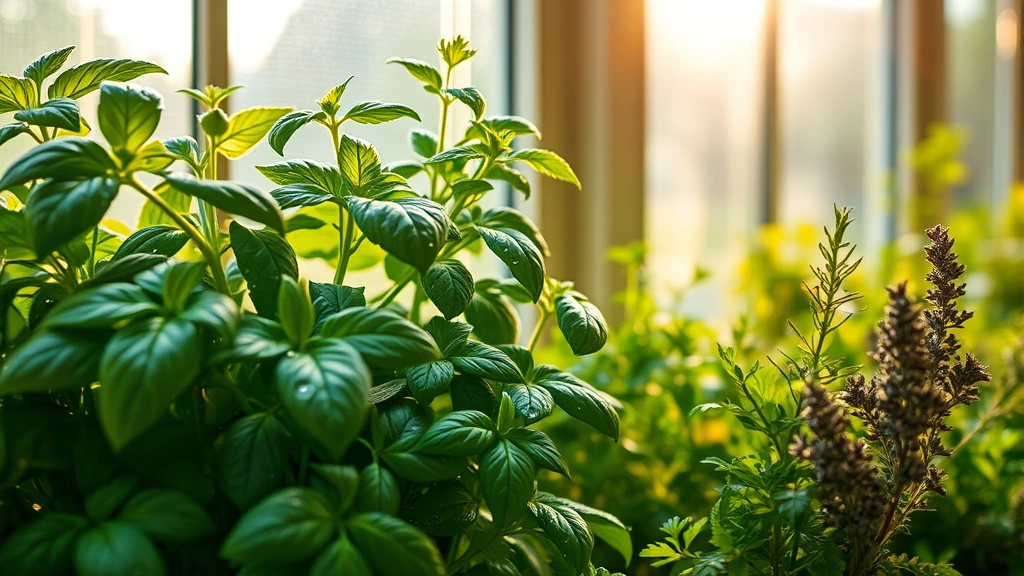 Close-up of lush herb garden window showing vibrant green basil, parsley, and thyme plants with water droplets on leaves, morning sunlight creating warm glow through glass panels