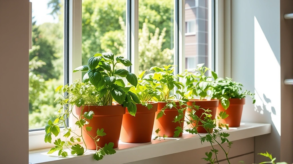 Bright sunlit garden window with potted herbs including basil and parsley on the shelf, natural light streaming through angled glass panels, green healthy foliage