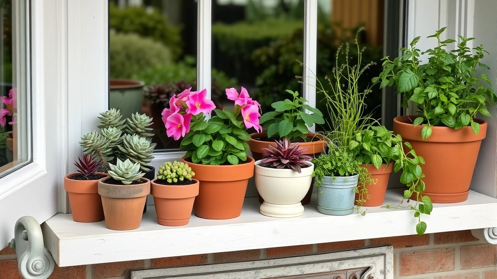 Interior view of garden window shelf displaying succulents, flowering geraniums, and fresh herbs in various terracotta and ceramic pots with lush growth