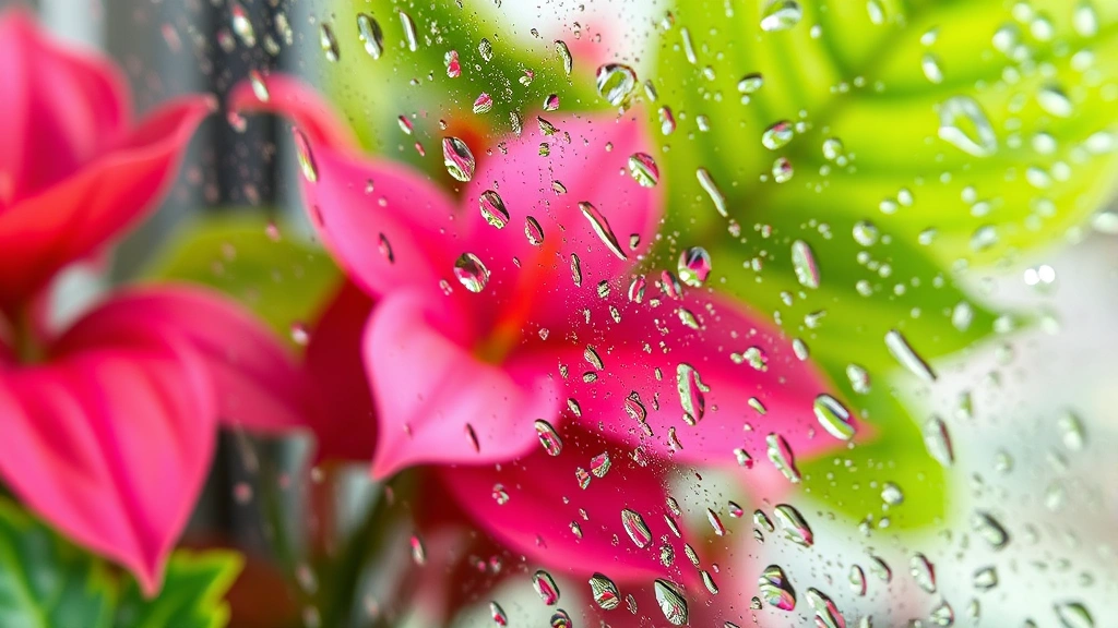 Close-up of condensation on garden window glass panels with vibrant plant leaves visible, showing moisture management and humid growing environment