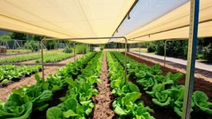 Overhead view of a thriving vegetable garden with 50% shade cloth installed on metal frame structures, showing lettuce and leafy greens growing underneath filtered sunlight, dappled light patterns visible on soil, clear blue sky above