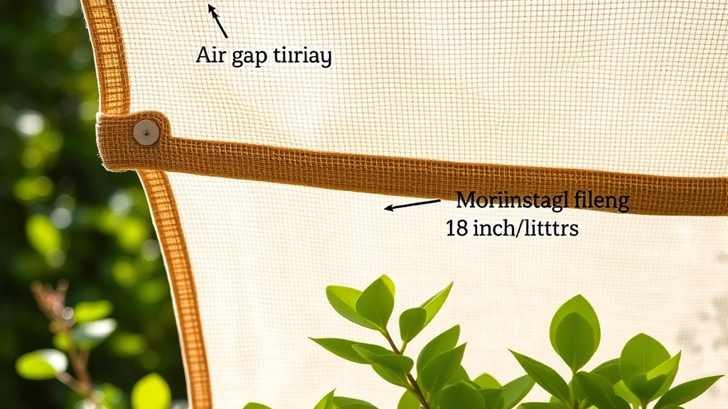 Close-up of shade cloth attachment points and air gap, showing proper installation with 18 inches of space between cloth and plant foliage, morning light filtering through woven fabric, vibrant green plant leaves below