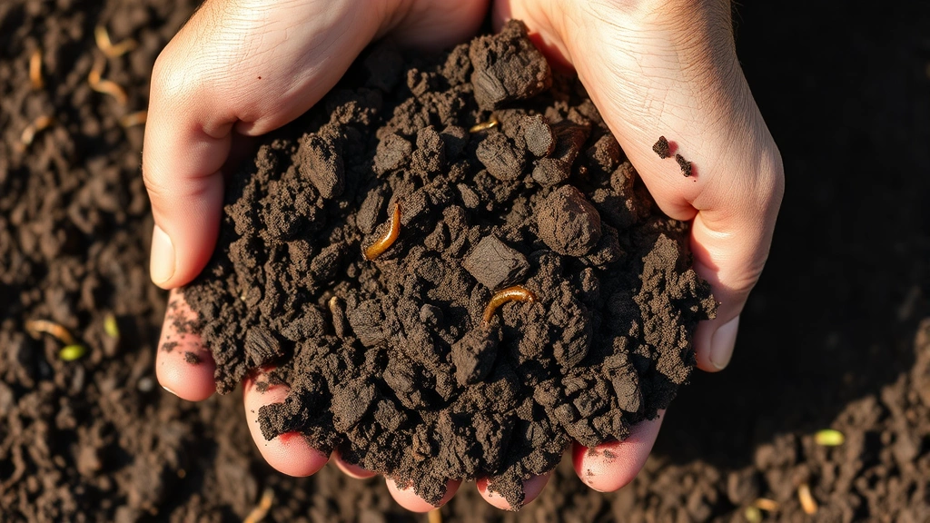 Close-up of rich, dark garden soil with visible compost and earthworms, hands holding crumbly loam texture, morning sunlight