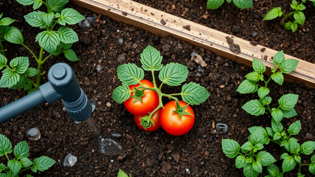 Overhead view of drip irrigation system watering raised garden beds with tomato plants and herbs, water droplets on soil