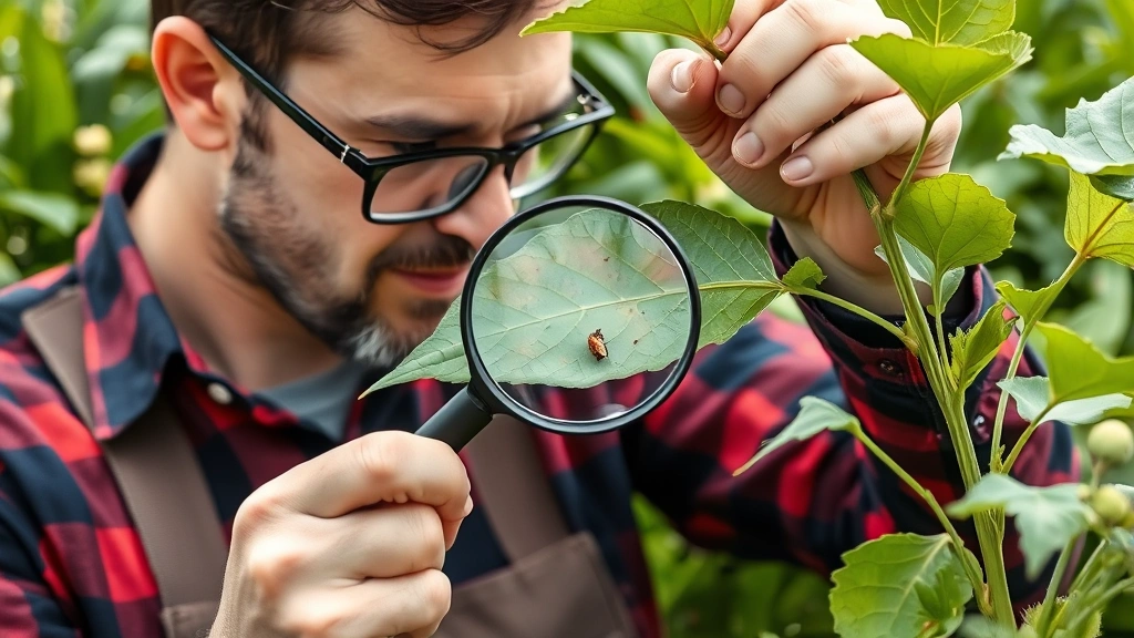 Professional gardener inspecting underside of plant leaf for pests, magnifying glass, healthy green foliage background