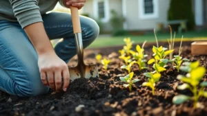 Beginner gardener kneeling in raised garden bed with shovel, digging rich dark soil with compost, morning sunlight illuminating green seedlings nearby, blurred house in background