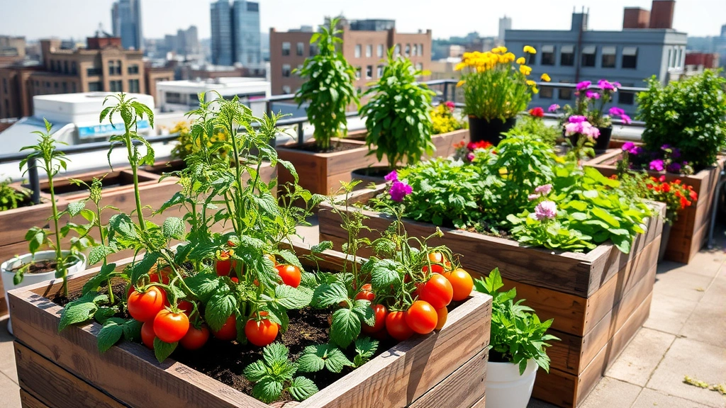 Urban rooftop garden with raised wooden beds containing thriving tomato plants, herbs, and colorful flowers in full sunlight, city buildings visible in background