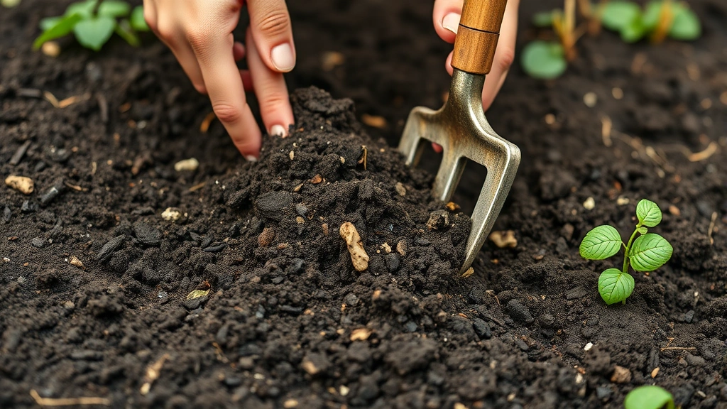 Close-up of hands spreading rich dark compost into prepared garden bed soil, showing organic matter amendment process with garden fork visible