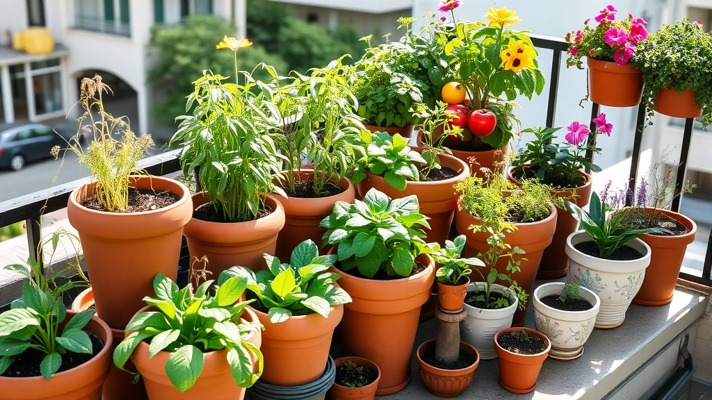 Diverse container garden on urban balcony with multiple terracotta and ceramic pots containing vegetables, herbs, and flowering plants in afternoon light