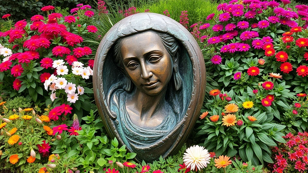 Weathered bronze sculpture surrounded by layered plantings with vibrant flowering plants and green foliage, creating depth and visual contrast in the garden composition
