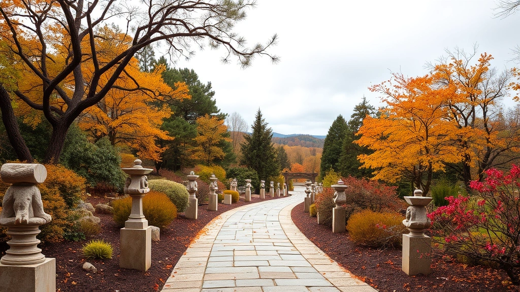 Scenic garden pathway lined with stone sculptures and mature trees, autumn foliage providing warm background colors, inviting visitors to explore further into the landscape