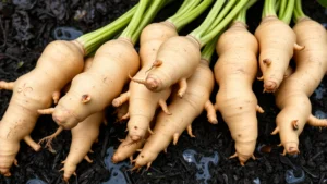 Fresh ginger rhizomes with visible growth buds and finger-like branches, arranged on dark soil with morning dew, close-up photography showing texture and natural color variations