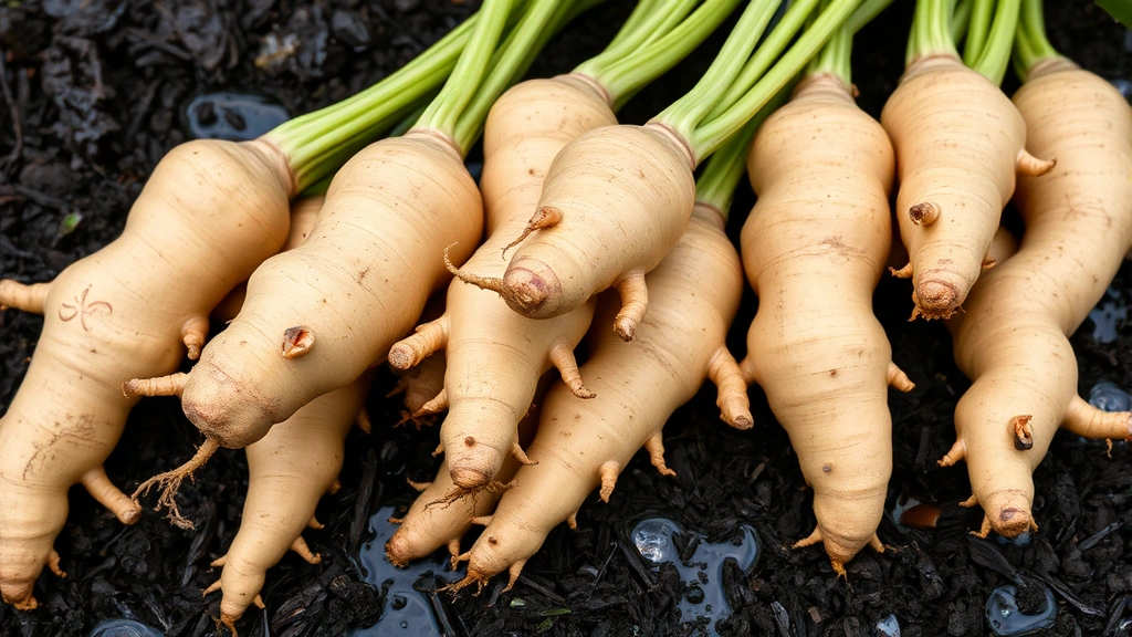 Fresh ginger rhizomes with visible growth buds and finger-like branches, arranged on dark soil with morning dew, close-up photography showing texture and natural color variations