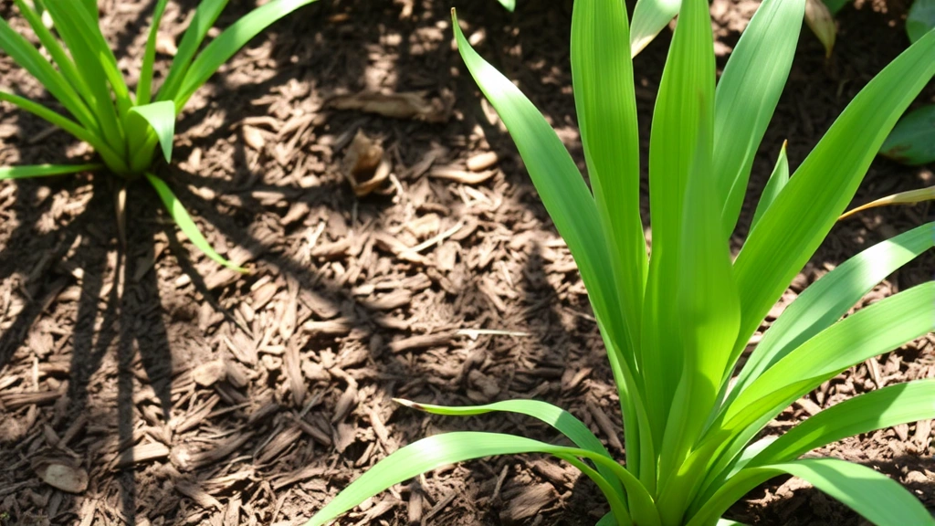 Healthy ginger plant with tall green lance-shaped leaves and stems growing in rich brown mulched soil, garden bed setting with filtered sunlight creating dappled shadows