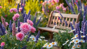 Lush cottage garden with pink roses, lavender, and daisies blooming abundantly in soft evening light, wooden garden bench nestled among flowering plants
