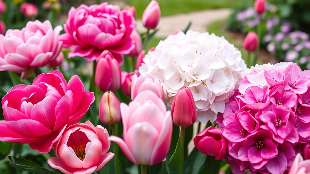 Close-up of vibrant garden flowers including peonies, tulips, and hydrangeas in various shades of pink, purple, and white, with garden pathway visible in soft focus background