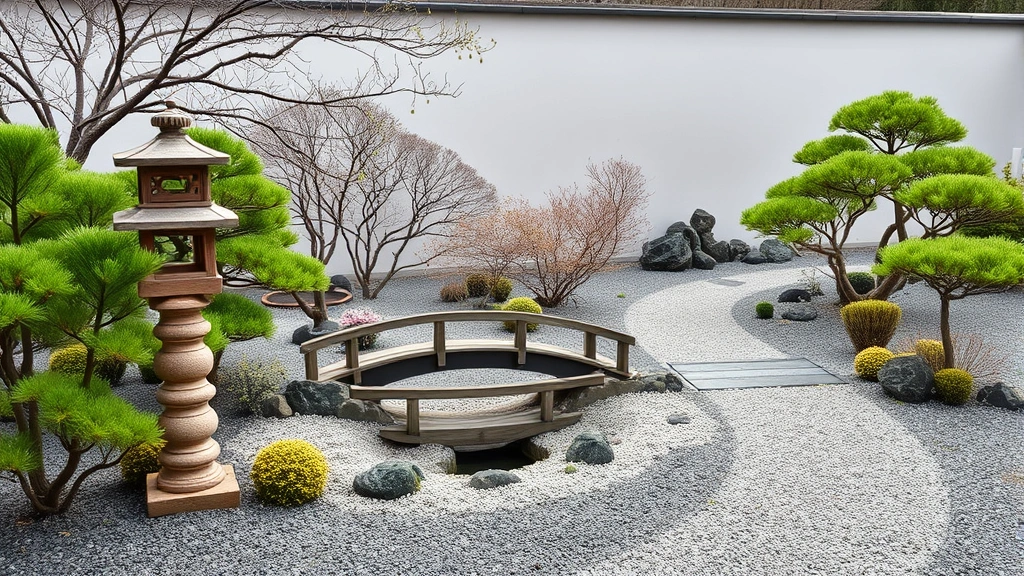 Serene Japanese zen garden with carefully pruned plants, decorative stone lantern, small wooden bridge over water feature, and winding gravel pathway through minimalist landscape