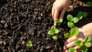 Hands planting seedlings in rich dark garden soil with green shoots visible, morning sunlight illuminating the garden bed with mulch surrounding plants