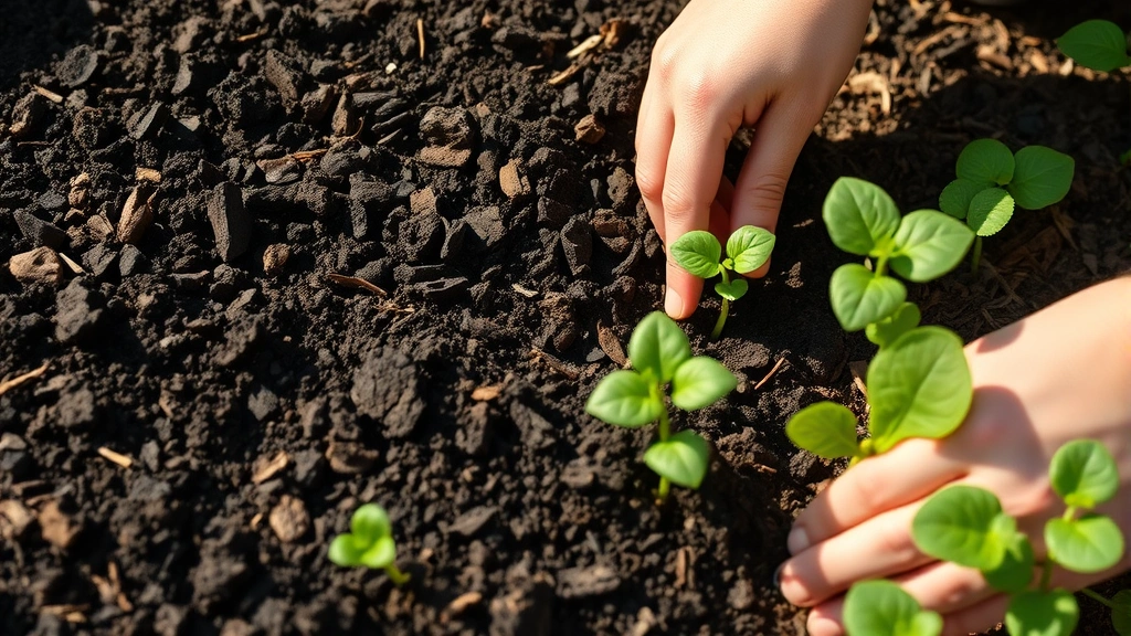 Hands planting seedlings in rich dark garden soil with green shoots visible, morning sunlight illuminating the garden bed with mulch surrounding plants