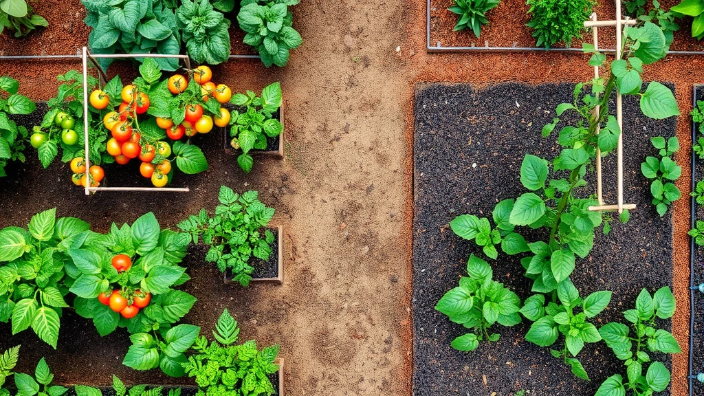 Overhead view of diverse vegetable garden with tomato plants on stakes, lettuce rows, bean vines on trellis, and mulched pathways between beds