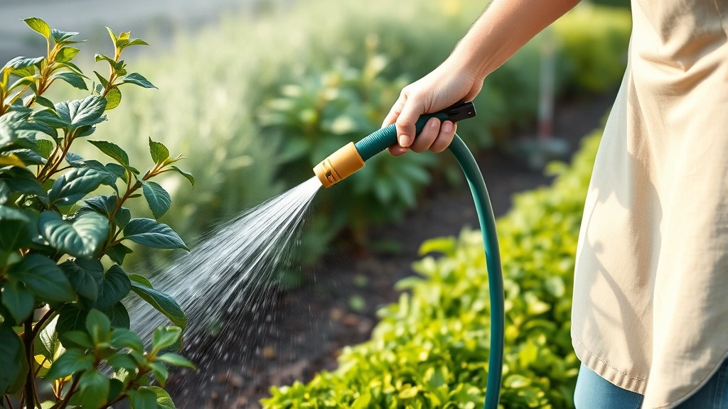 Gardener hand-watering established garden plants with soaker hose in early morning, water droplets on leaves, lush green foliage, irrigation system visible