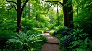 Lush woodland garden path with layered plantings including shade-tolerant perennials, hostas, and ferns creating dense green understory beneath tall deciduous trees, dappled sunlight filtering through canopy