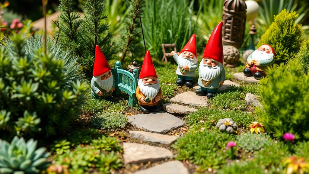 A whimsical gnome garden featuring small ceramic gnome figurines surrounded by miniature plants, dwarf conifers, creeping groundcovers like thyme and sedum, with a tiny stone pathway winding through lush greenery and small decorative elements like a miniature bridge or water feature, bright daylight, garden perspective