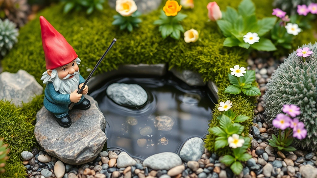 Close-up of a gnome garden's intricate details showing a fishing gnome near a shallow water basin with moss-covered stones, delicate flowering plants including miniature roses and alpine phlox in various colors, decorative gravel pathways, and textured foliage plants creating layers of depth