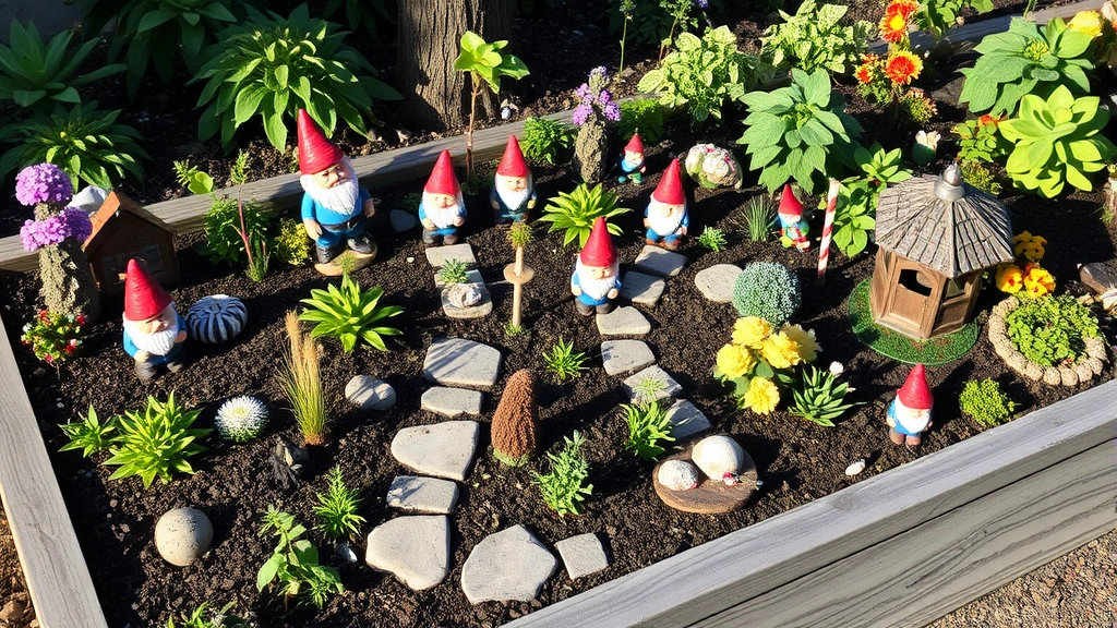 A fully mature gnome garden display in a raised bed showing multiple themed zones with different gnome characters, varied plant heights and colors, hardscape elements including stepping stones and a tiny gazebo structure, seasonal plantings in bloom, afternoon sunlight creating shadows and depth, inviting garden composition
