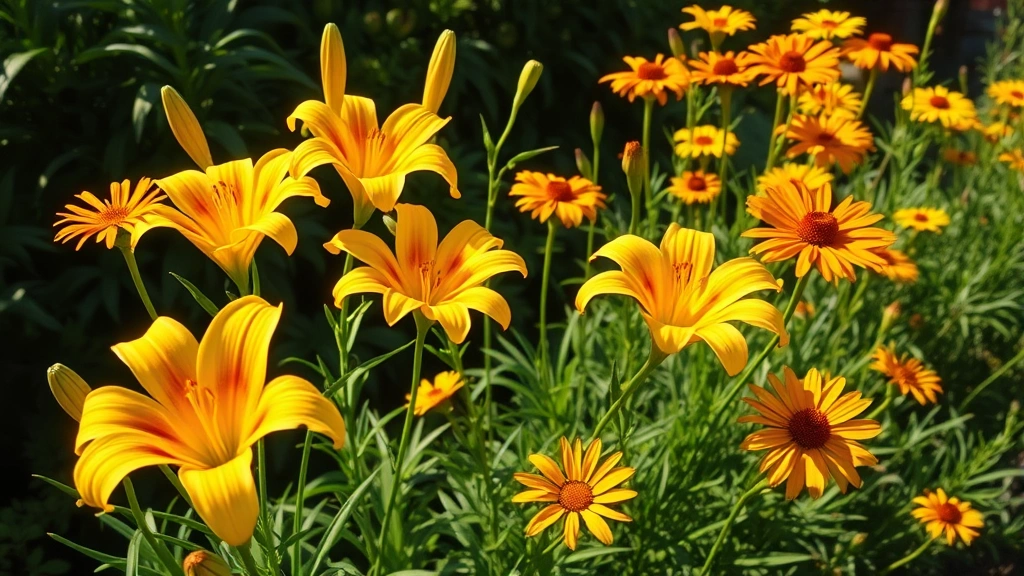 Vibrant golden daylilies and coreopsis flowers blooming in full sun with lush green foliage, natural garden setting with morning light creating warm tones across petals